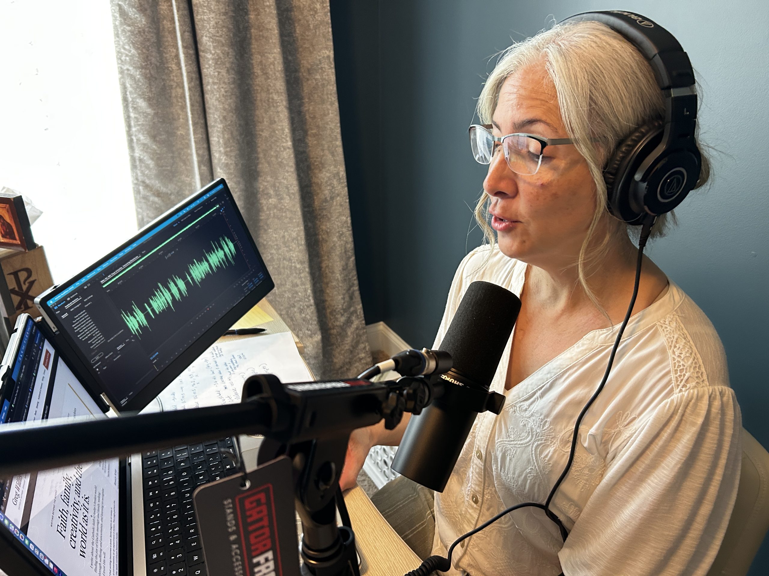 Jennifer Willits recording an audiobook